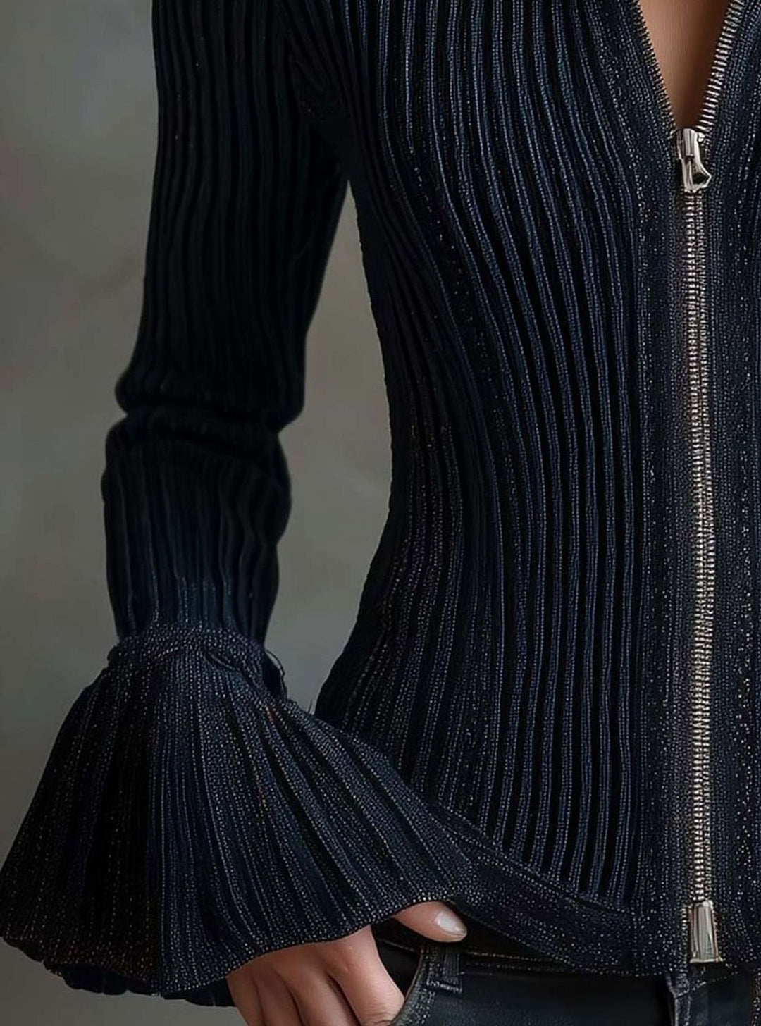 Damen Glitzer Rippenstrick-Jacke mit Reißverschluss und Trompetenärmeln