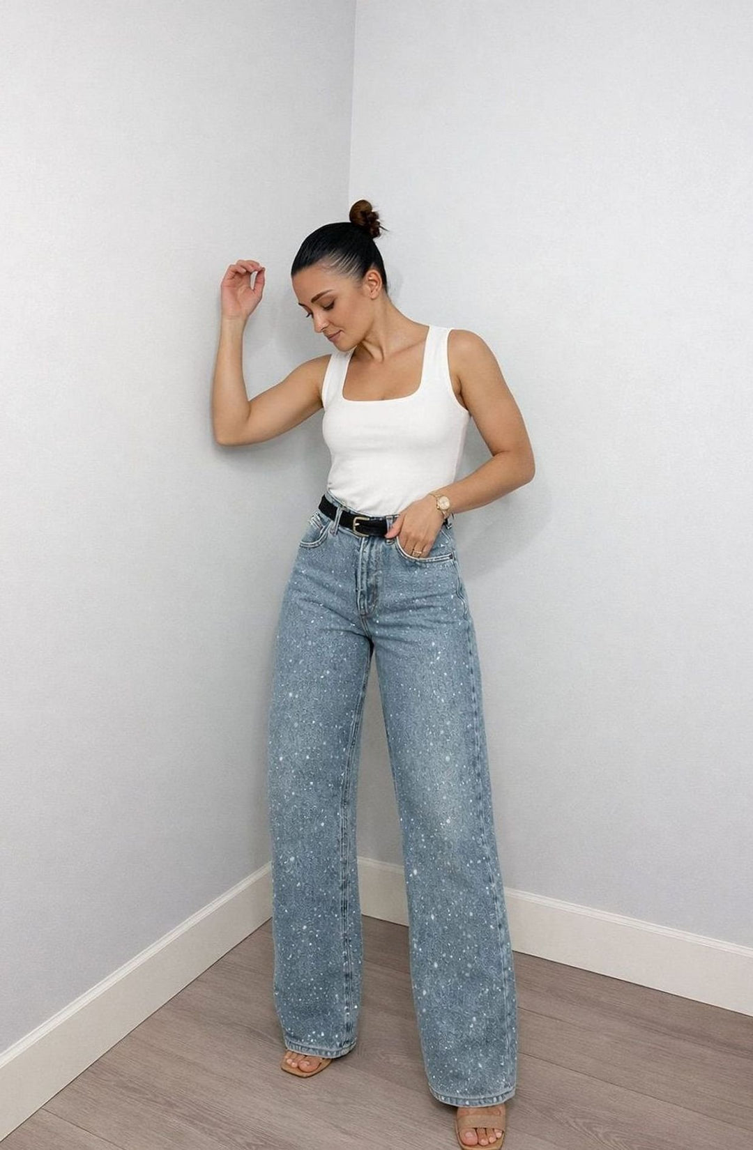 Damen High-Waist Straight-Leg Glitzer-Jeans weites Bein