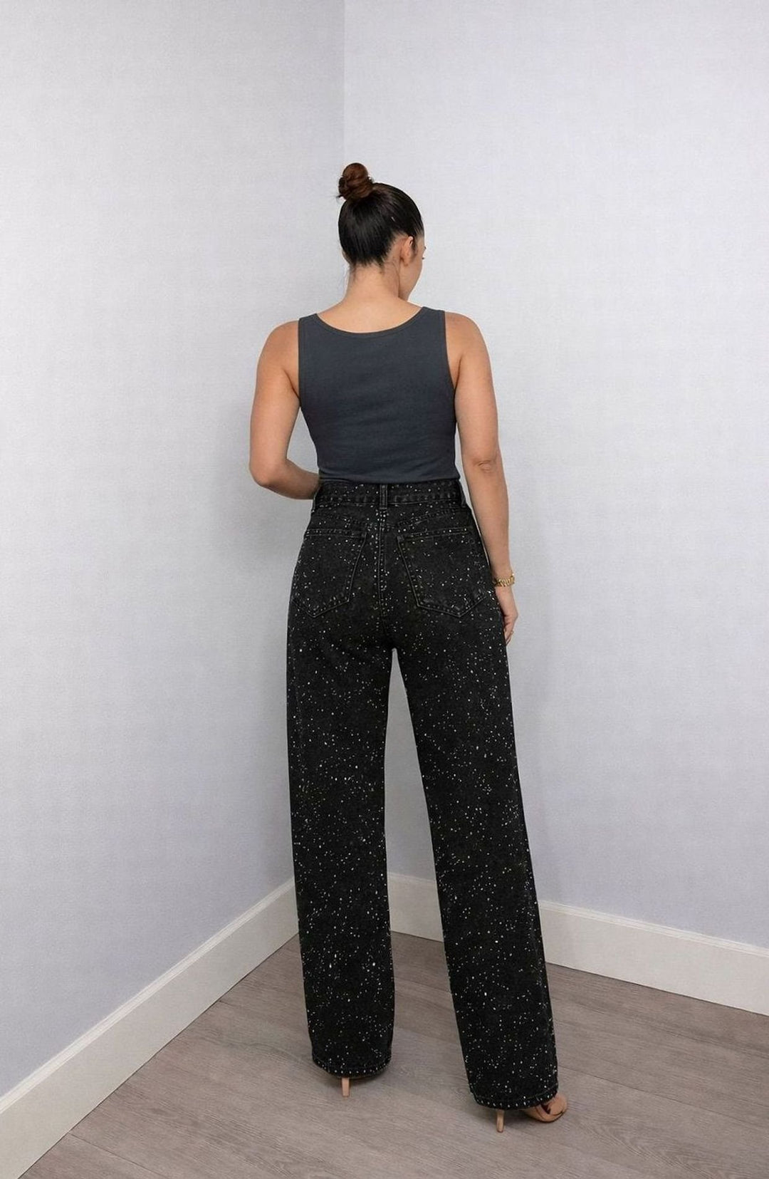 Damen High-Waist Straight-Leg Glitzer-Jeans weites Bein