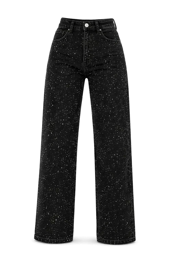 Damen High-Waist Straight-Leg Glitzer-Jeans weites Bein