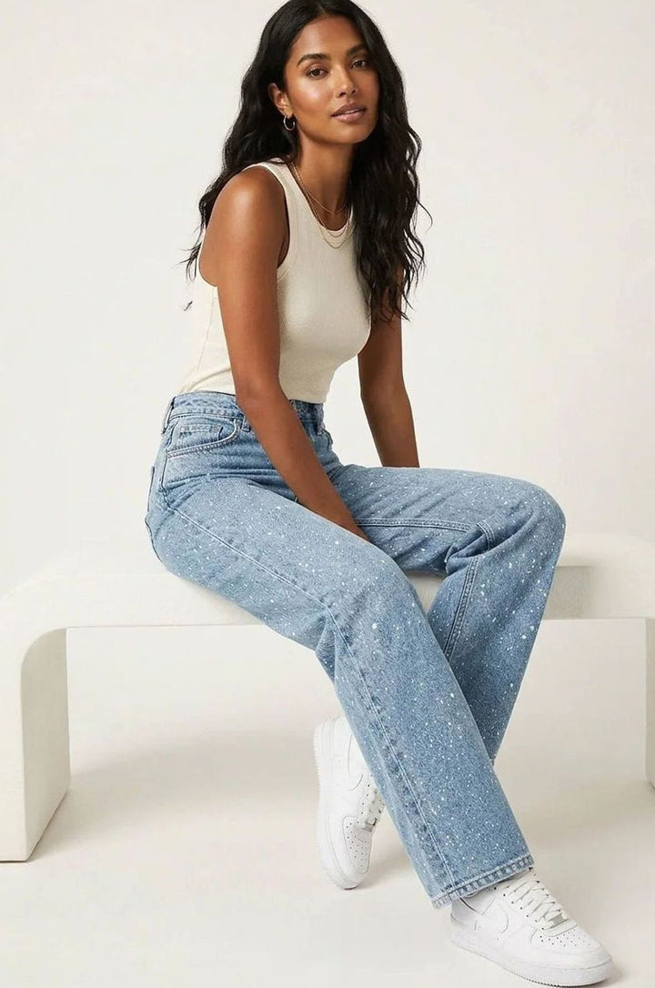 Damen High-Waist Straight-Leg Glitzer-Jeans weites Bein - Blau