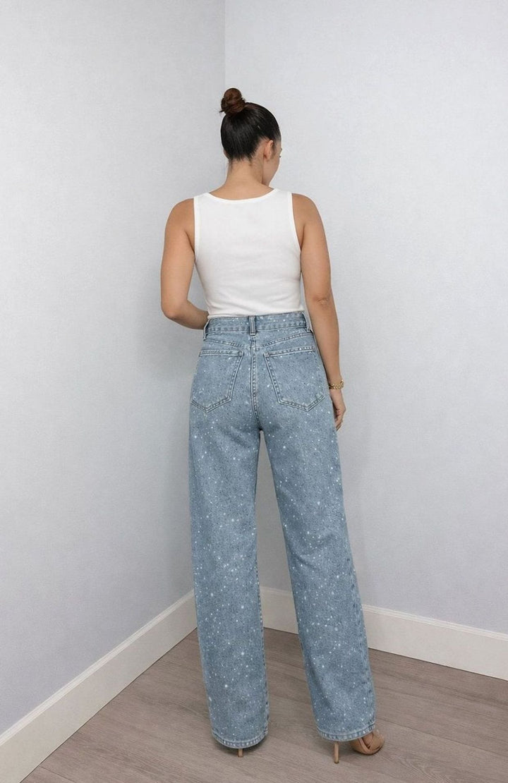 Damen High-Waist Straight-Leg Glitzer-Jeans weites Bein