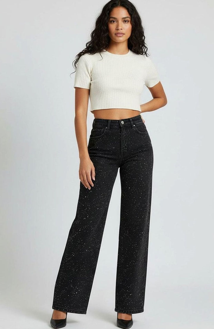 Damen High-Waist Straight-Leg Glitzer-Jeans weites Bein - Schwarz