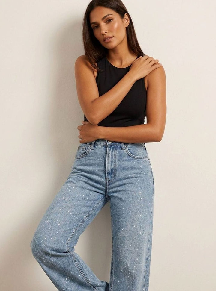 Damen High-Waist Straight-Leg Glitzer-Jeans weites Bein