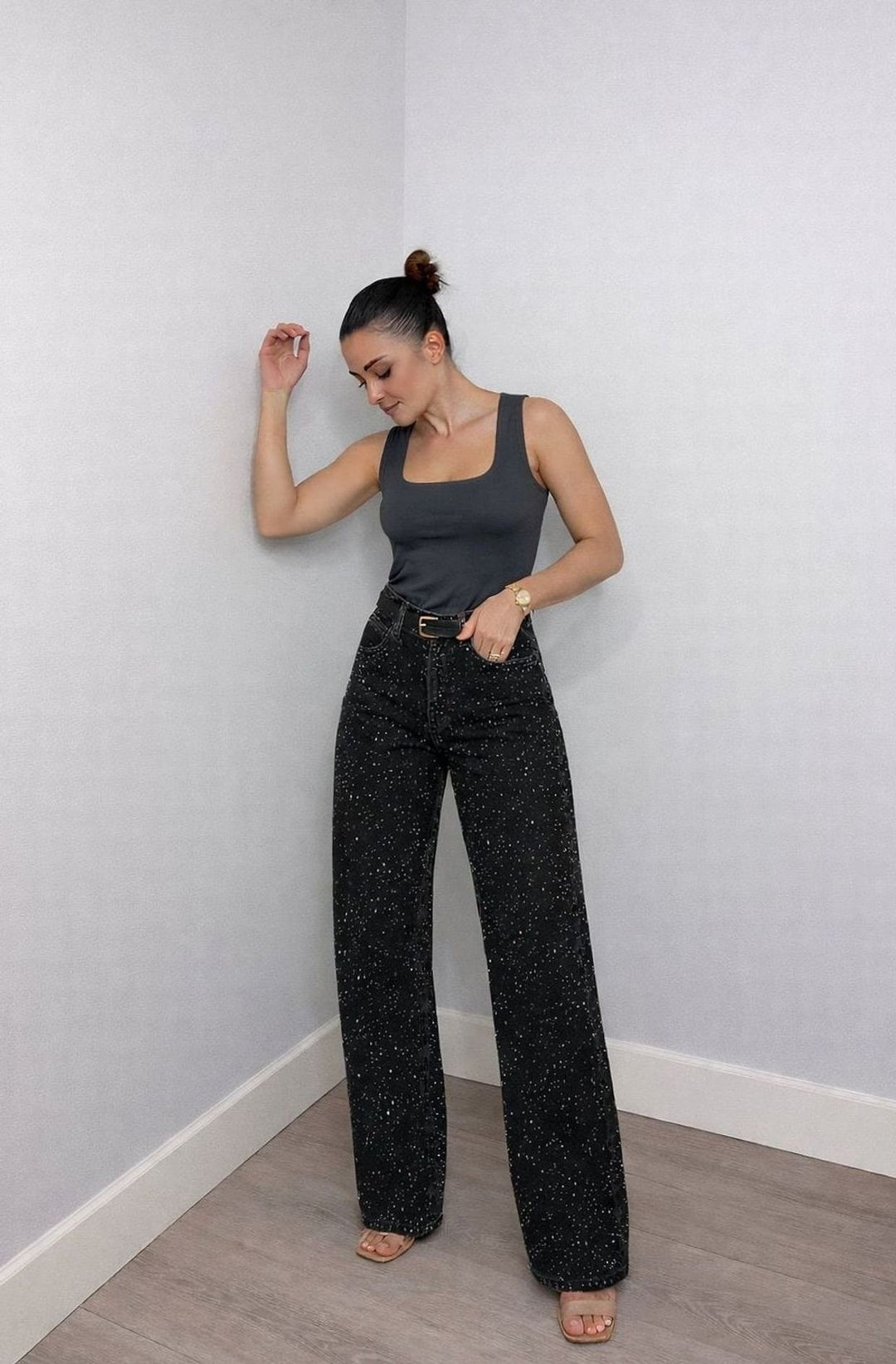 Damen High-Waist Straight-Leg Glitzer-Jeans weites Bein