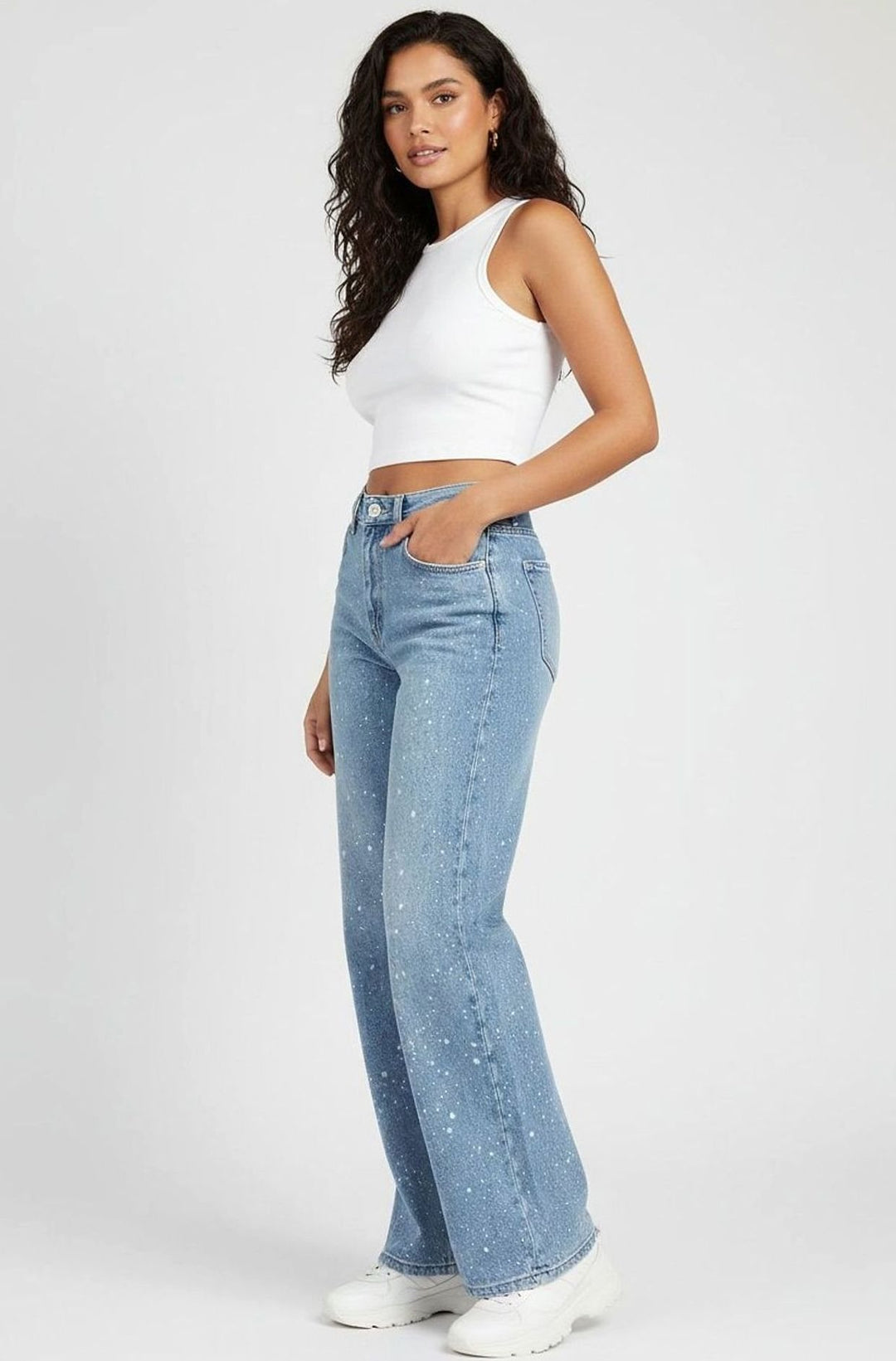 Damen High-Waist Straight-Leg Glitzer-Jeans weites Bein