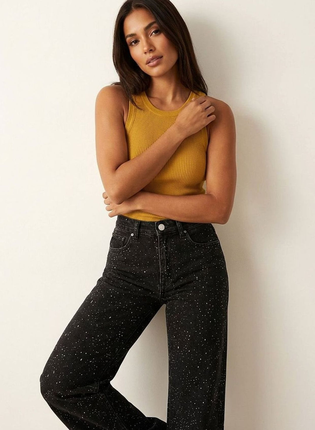 Damen High-Waist Straight-Leg Glitzer-Jeans weites Bein