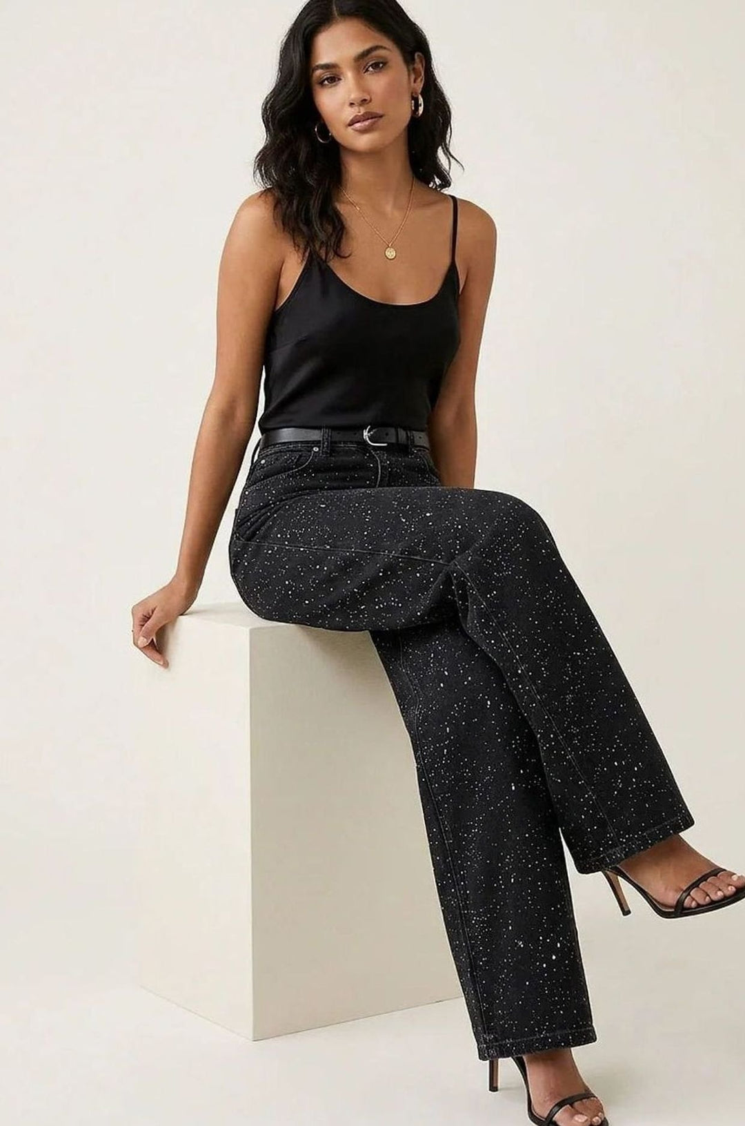 Damen High-Waist Straight-Leg Glitzer-Jeans weites Bein