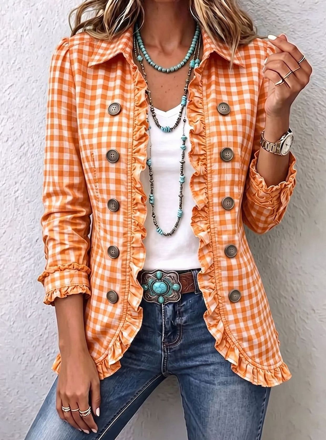 Damen Karo-Jacke mit Rüschenbesatz Doppelknopfleiste Langarm - Orange