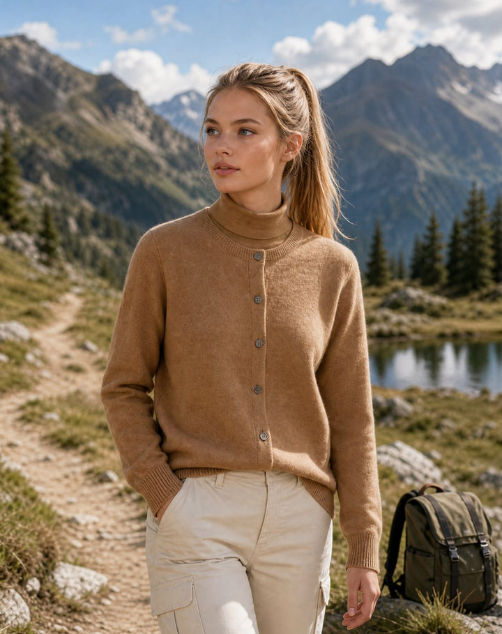 Damen Kaschmir Strickjacke mit Rundhalsausschnitt und Knopfleiste
