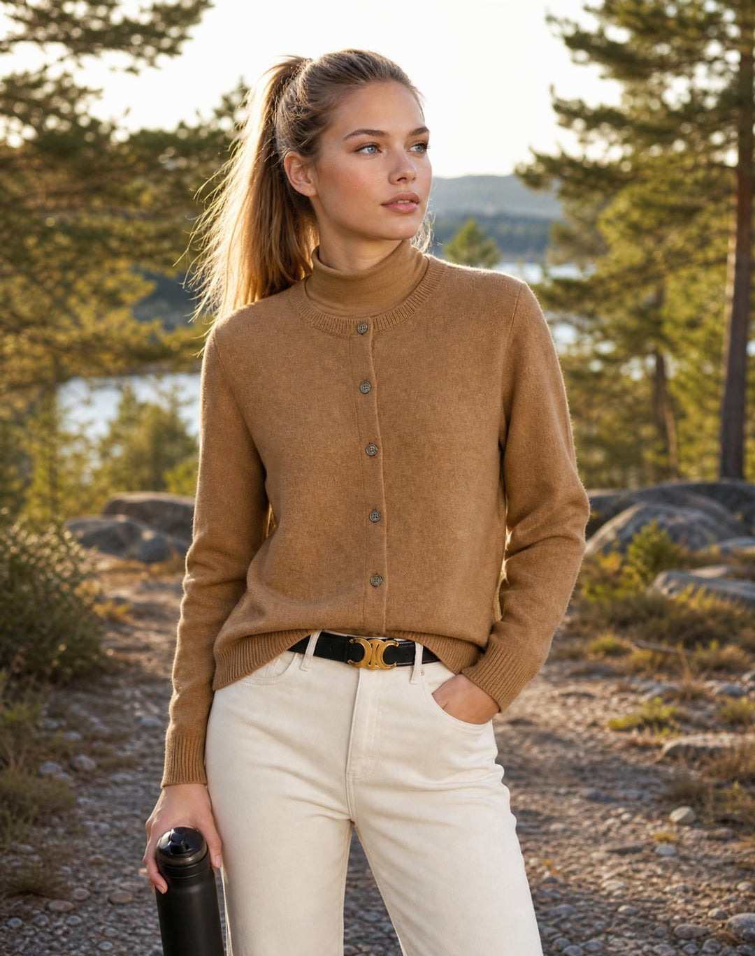 Damen Kaschmir Strickjacke mit Rundhalsausschnitt und Knopfleiste - Beige