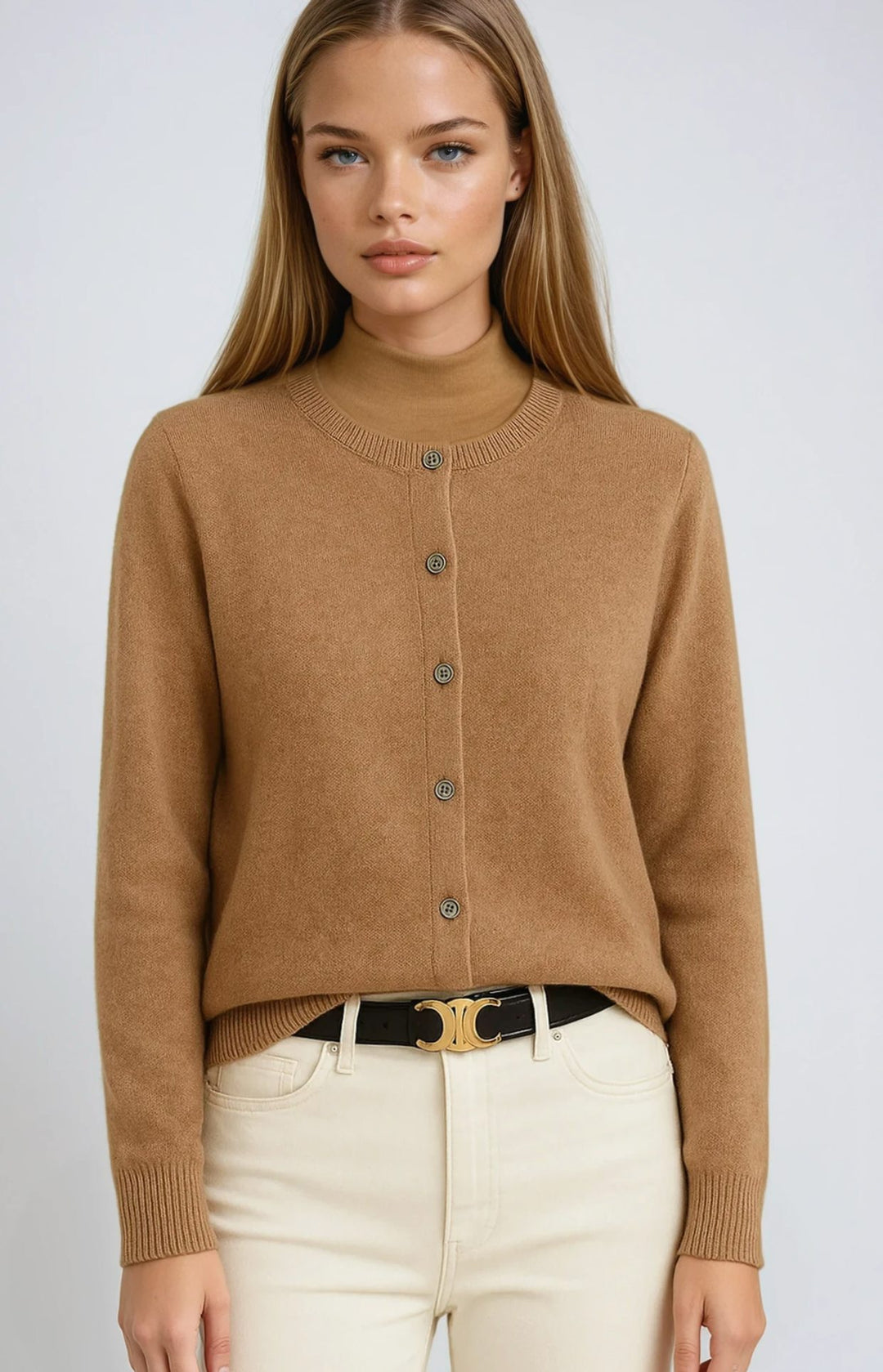 Damen Kaschmir Strickjacke mit Rundhalsausschnitt und Knopfleiste