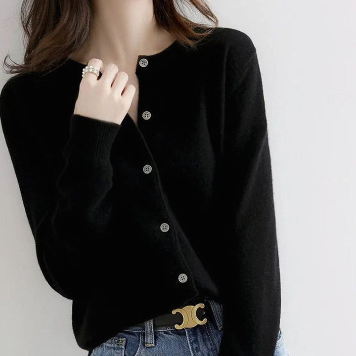 Damen Kaschmir Strickjacke mit Rundhalsausschnitt und Knopfleiste - Schwarz