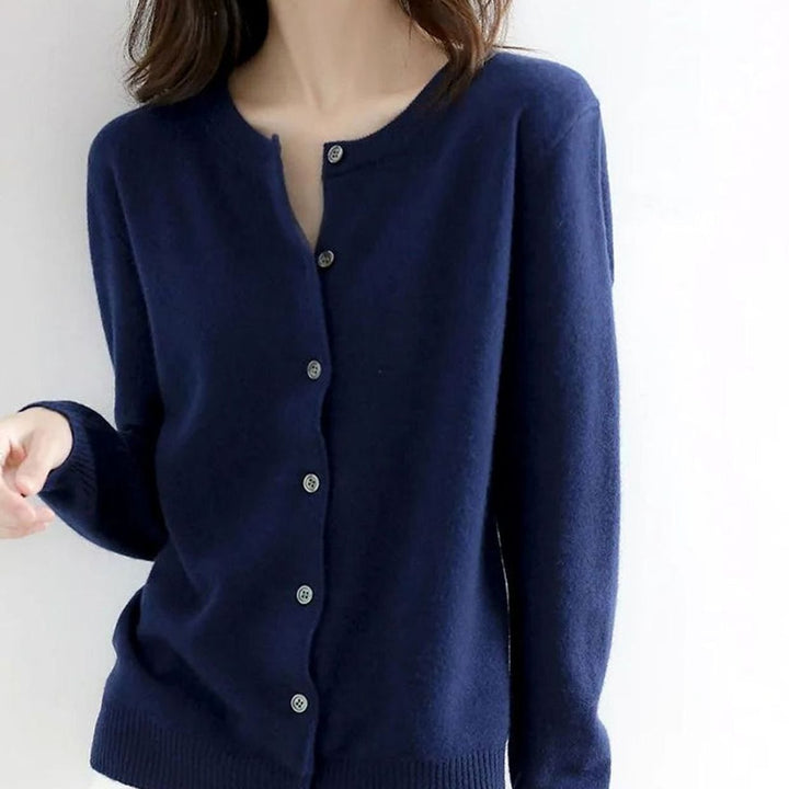 Damen Kaschmir Strickjacke mit Rundhalsausschnitt und Knopfleiste - Marineblau