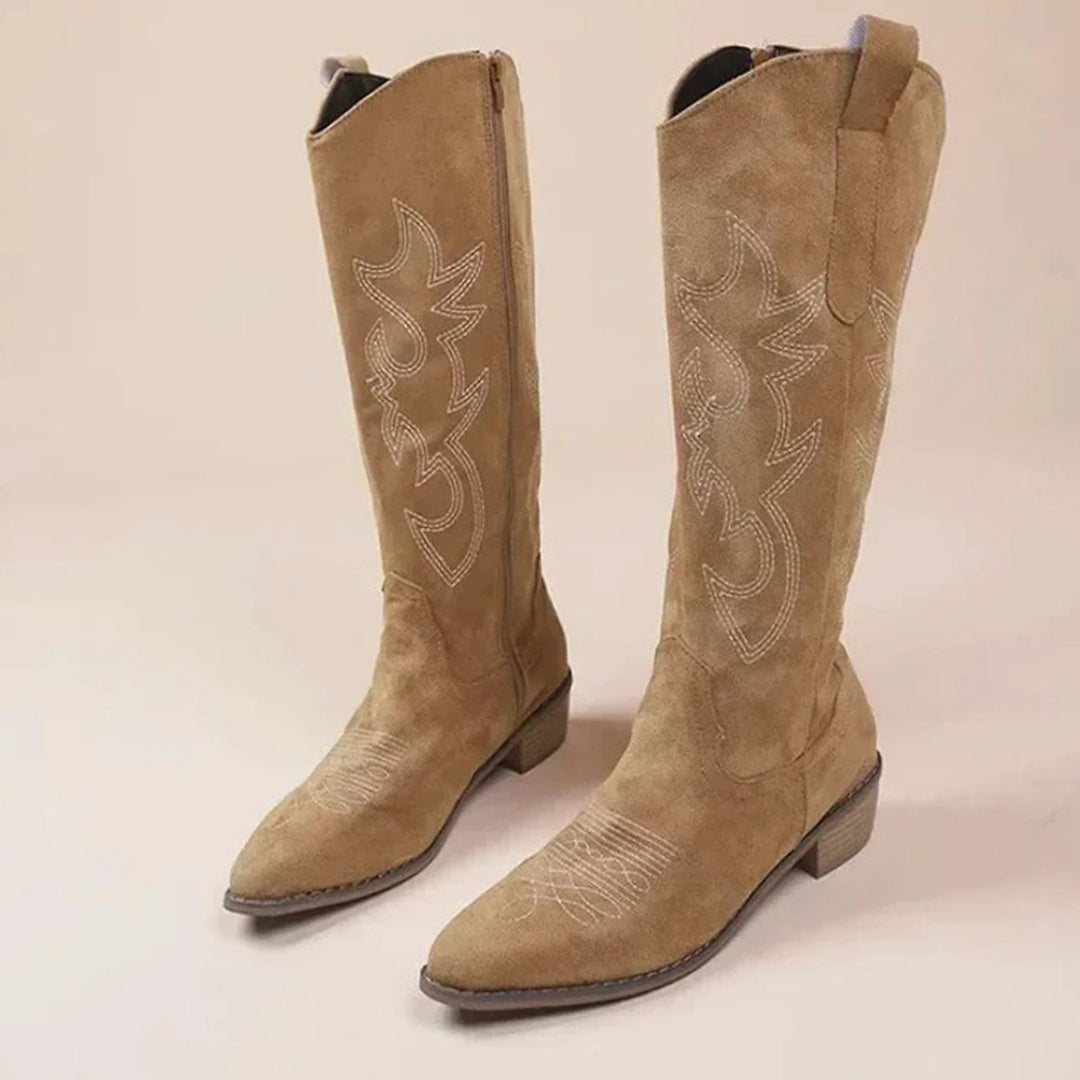 Damen Kniehohe Cowboy-Stiefel mit Stickerei und Blockabsatz