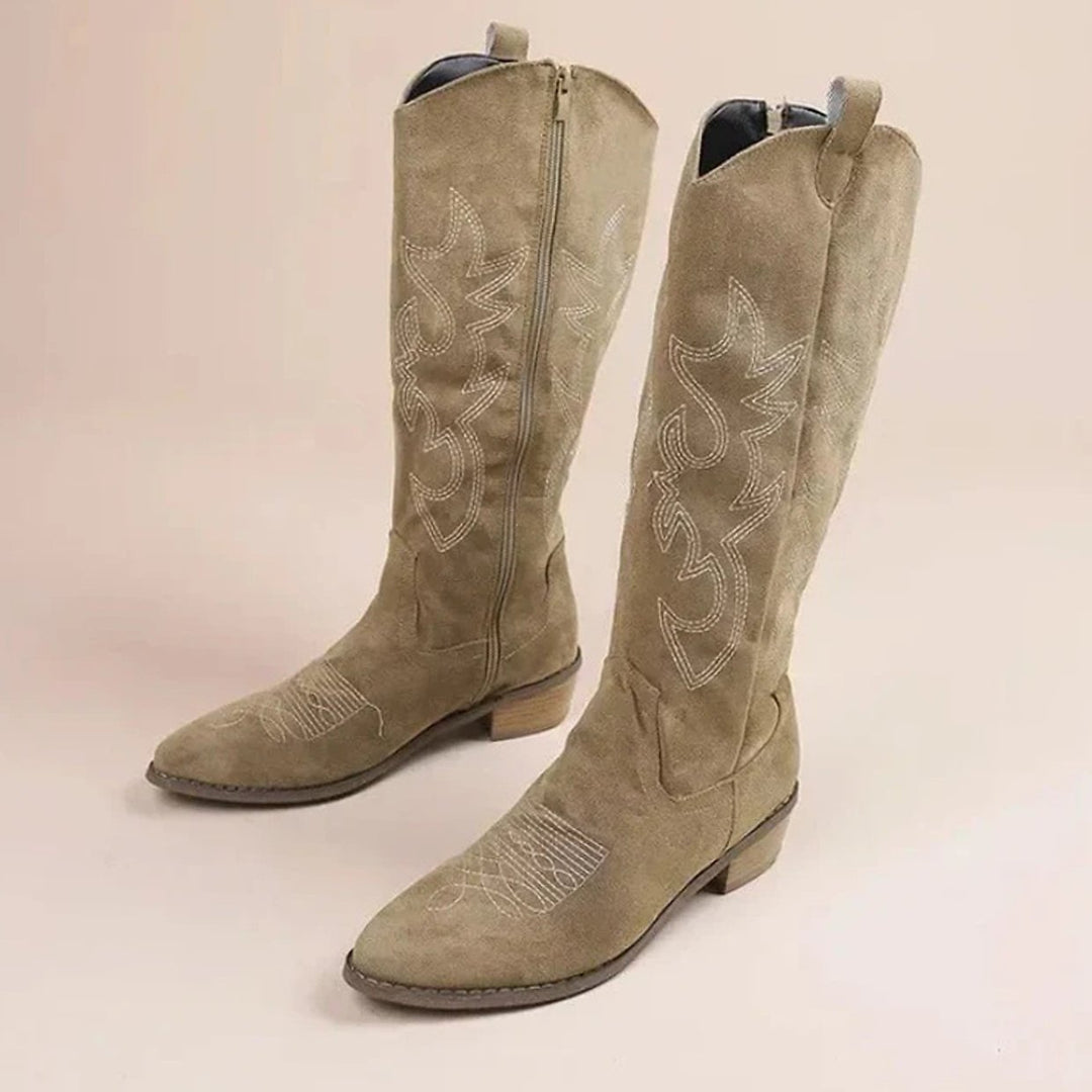 Damen Kniehohe Cowboy-Stiefel mit Stickerei und Blockabsatz - Beige