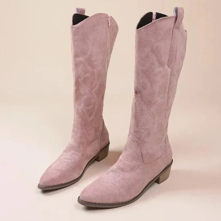Damen Kniehohe Cowboy-Stiefel mit Stickerei und Blockabsatz - Rosa