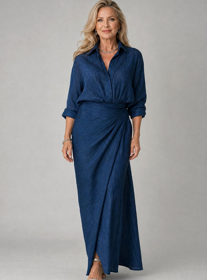 Damen Langarm Wickel-Maxikleid mit Kragen in Marineblau