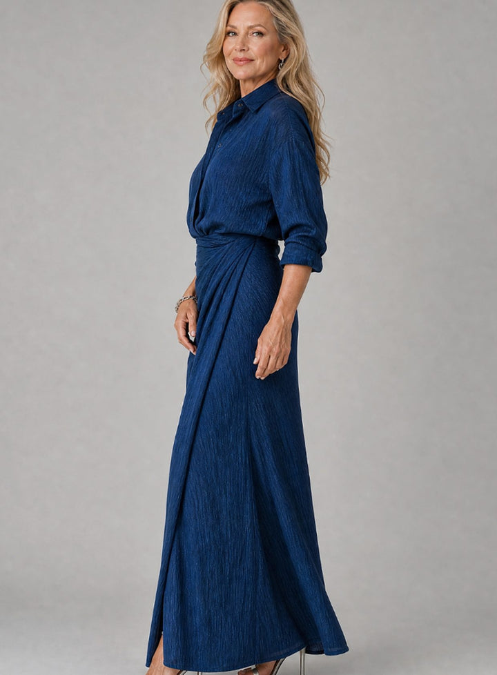 Damen Langarm Wickel-Maxikleid mit Kragen in Marineblau