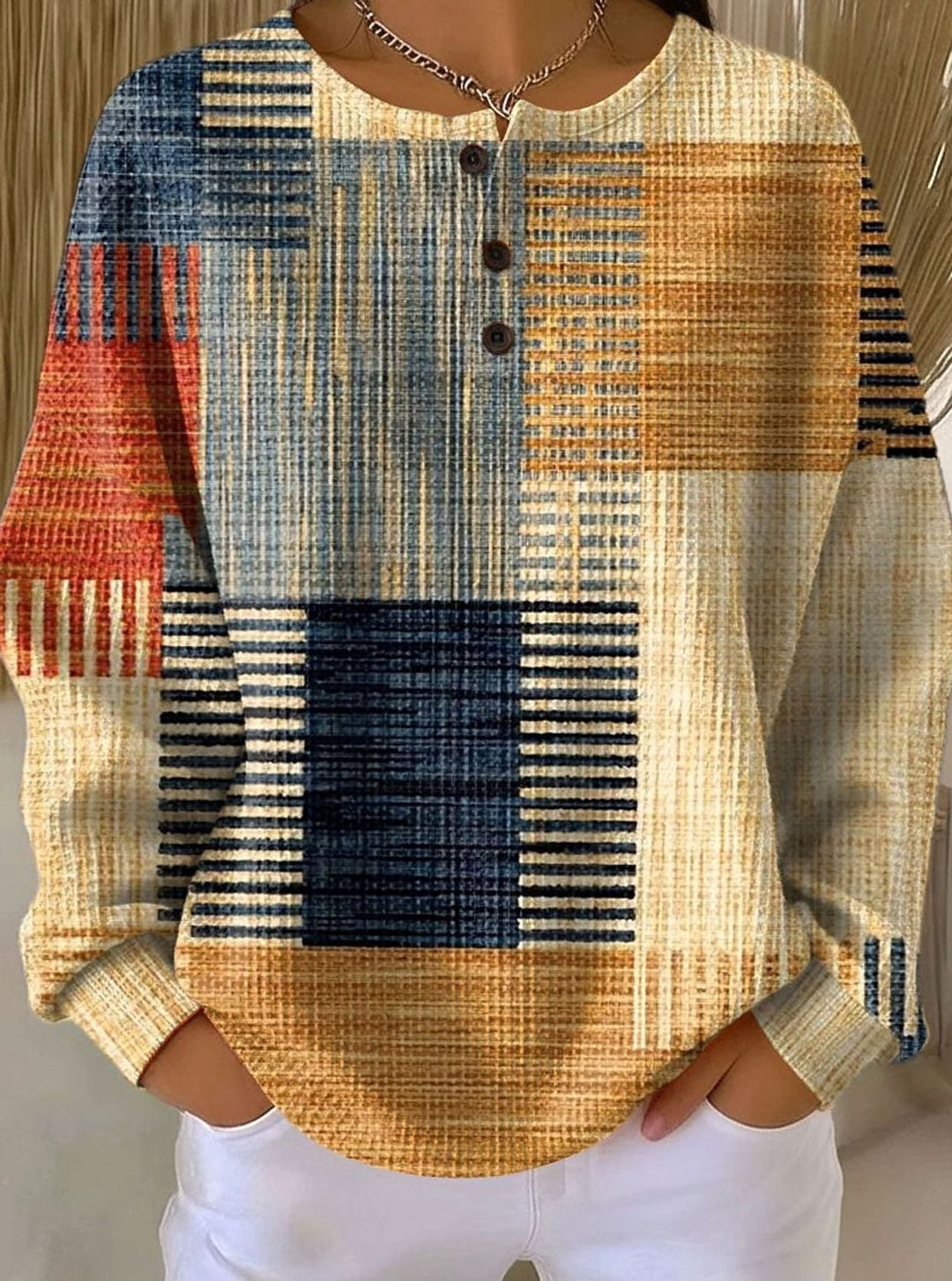 Damen Langarmshirt mit geometrischem Blockprint und Knopfleiste - Gelb
