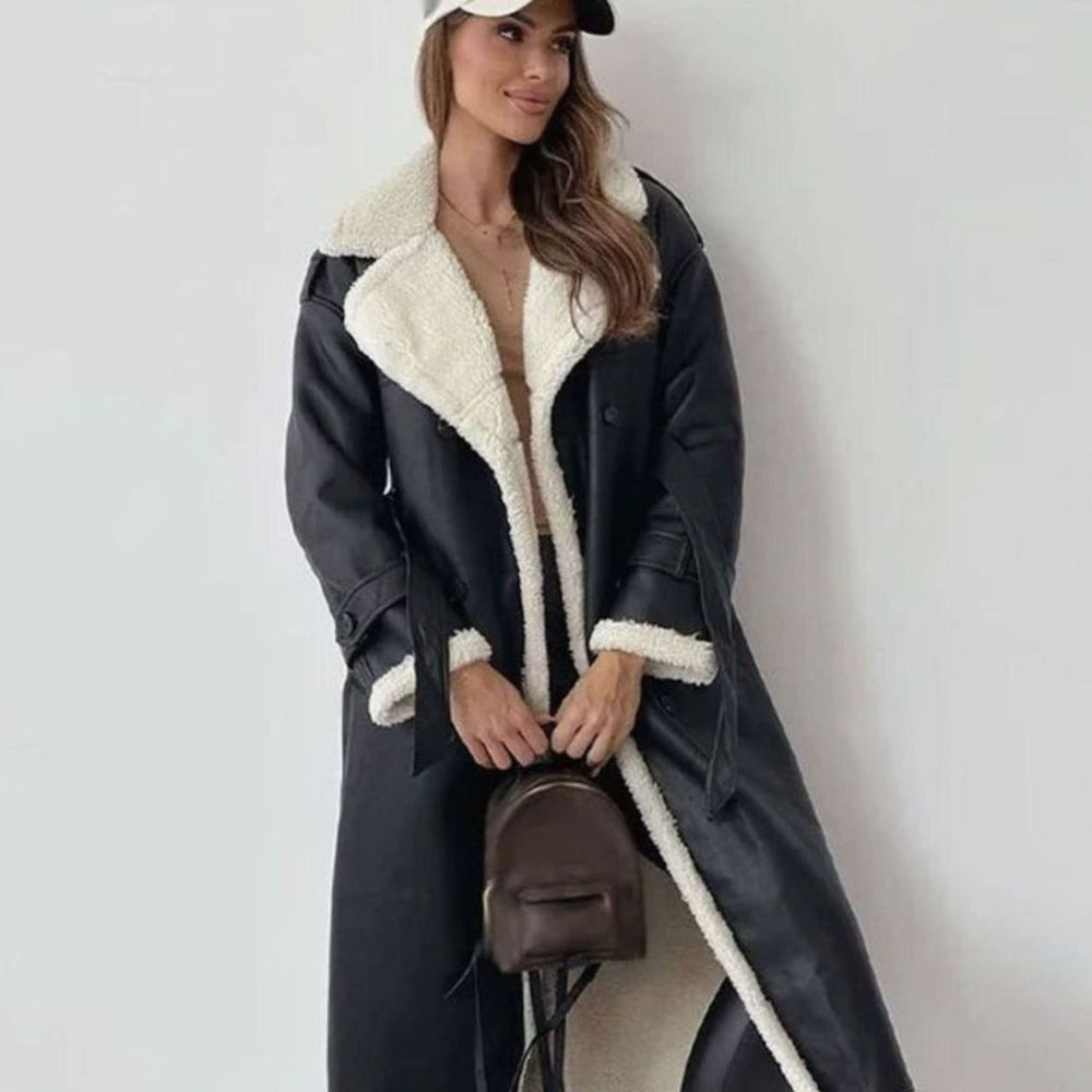 Damen Langer Kunstleder Zweireihig Wintermantel mit Sherpa-Innenfutter - Schwarz