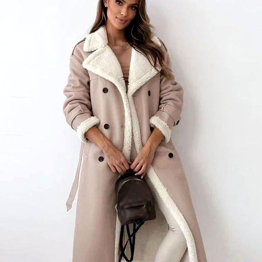 Damen Langer Kunstleder Zweireihig Wintermantel mit Sherpa-Innenfutter - Beige