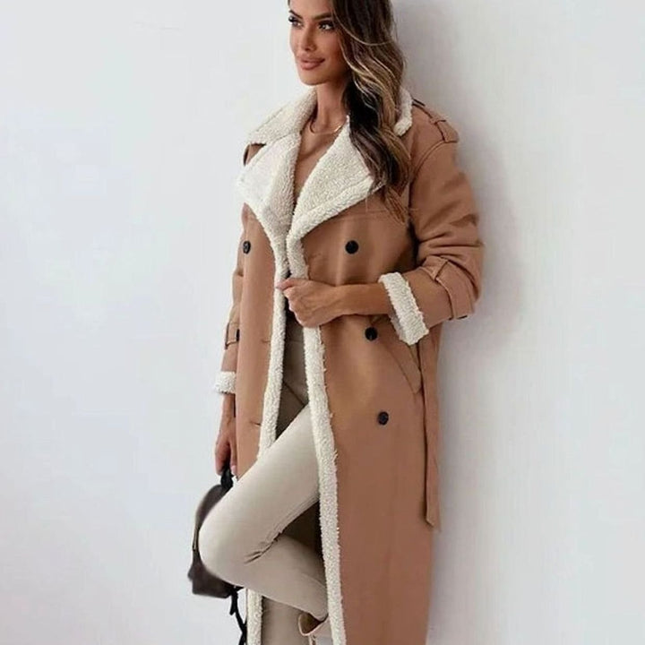 Damen Langer Kunstleder Zweireihig Wintermantel mit Sherpa-Innenfutter - Khaki