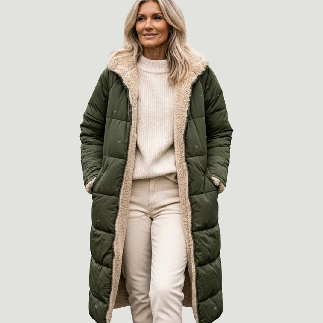 Damen Langer Wendepuffer-Mantel mit Teddyfleece-Innenfutter