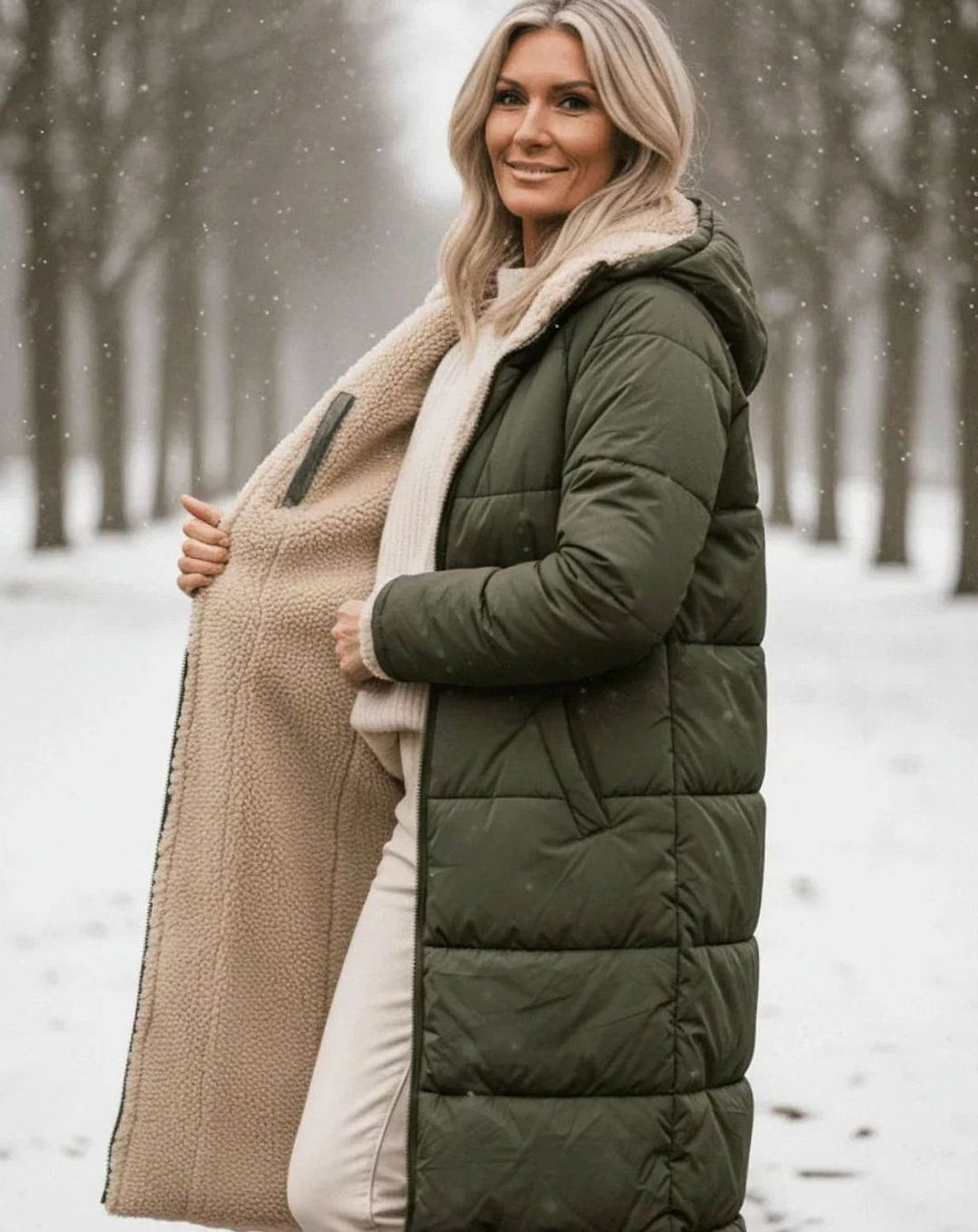 Damen Langer Wendepuffer-Mantel mit Teddyfleece-Innenfutter