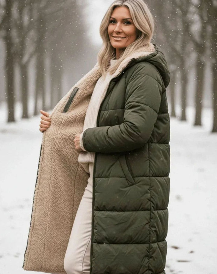 Damen Langer Wendepuffer-Mantel mit Teddyfleece-Innenfutter