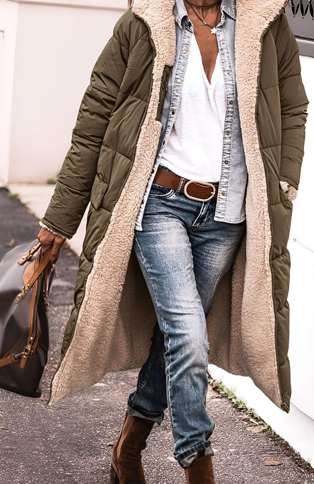 Damen Langer Wendepuffer-Mantel mit Teddyfleece-Innenfutter