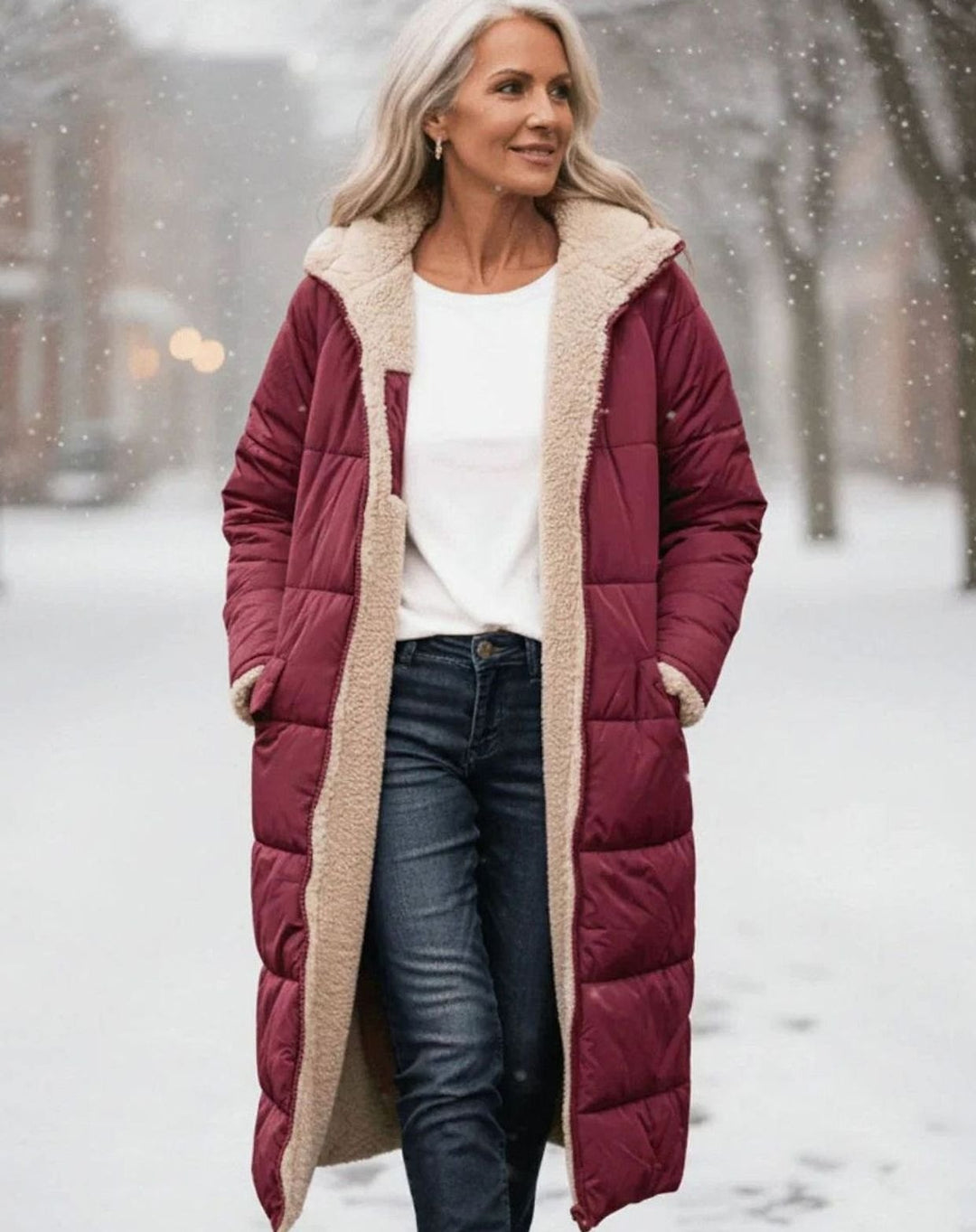Damen Langer Wendepuffer-Mantel mit Teddyfleece-Innenfutter
