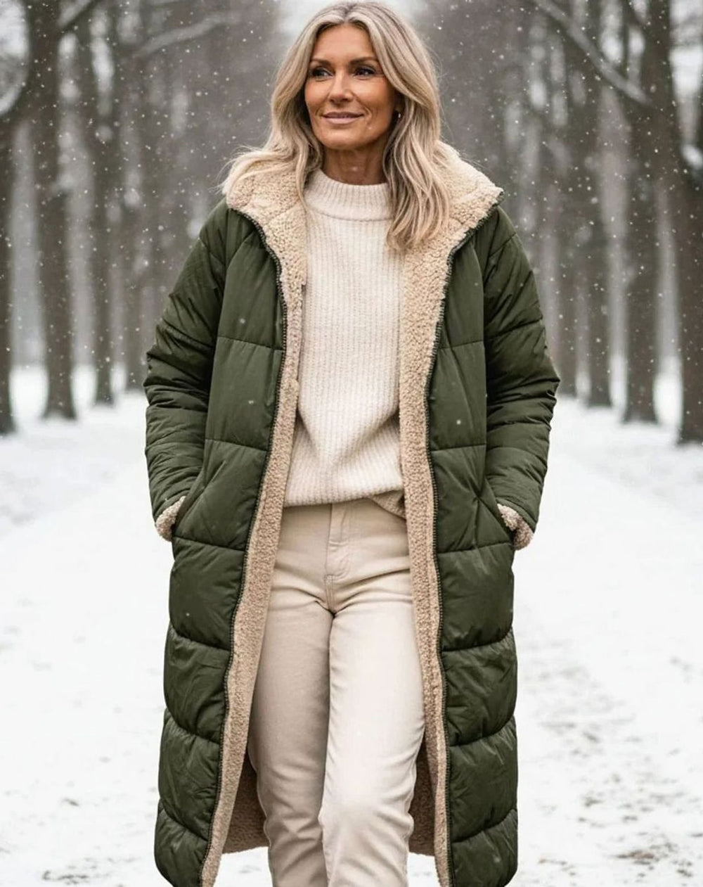 Damen Langer Wendepuffer-Mantel mit Teddyfleece-Innenfutter - Grün