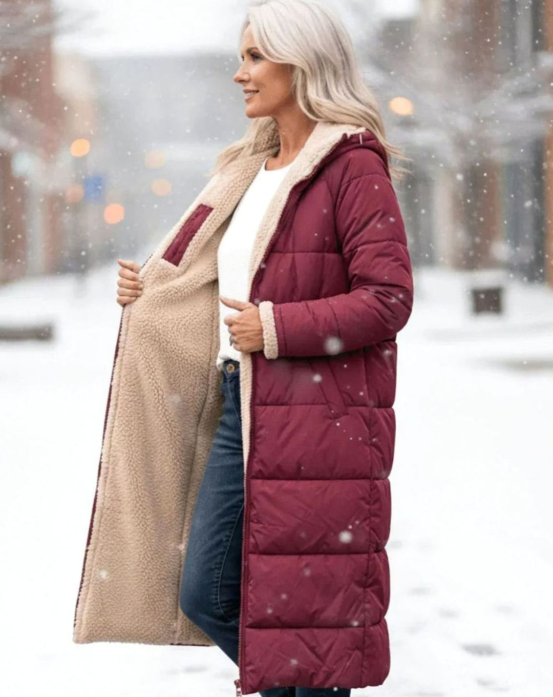 Damen Langer Wendepuffer-Mantel mit Teddyfleece-Innenfutter