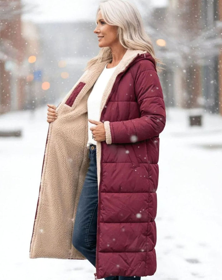 Damen Langer Wendepuffer-Mantel mit Teddyfleece-Innenfutter