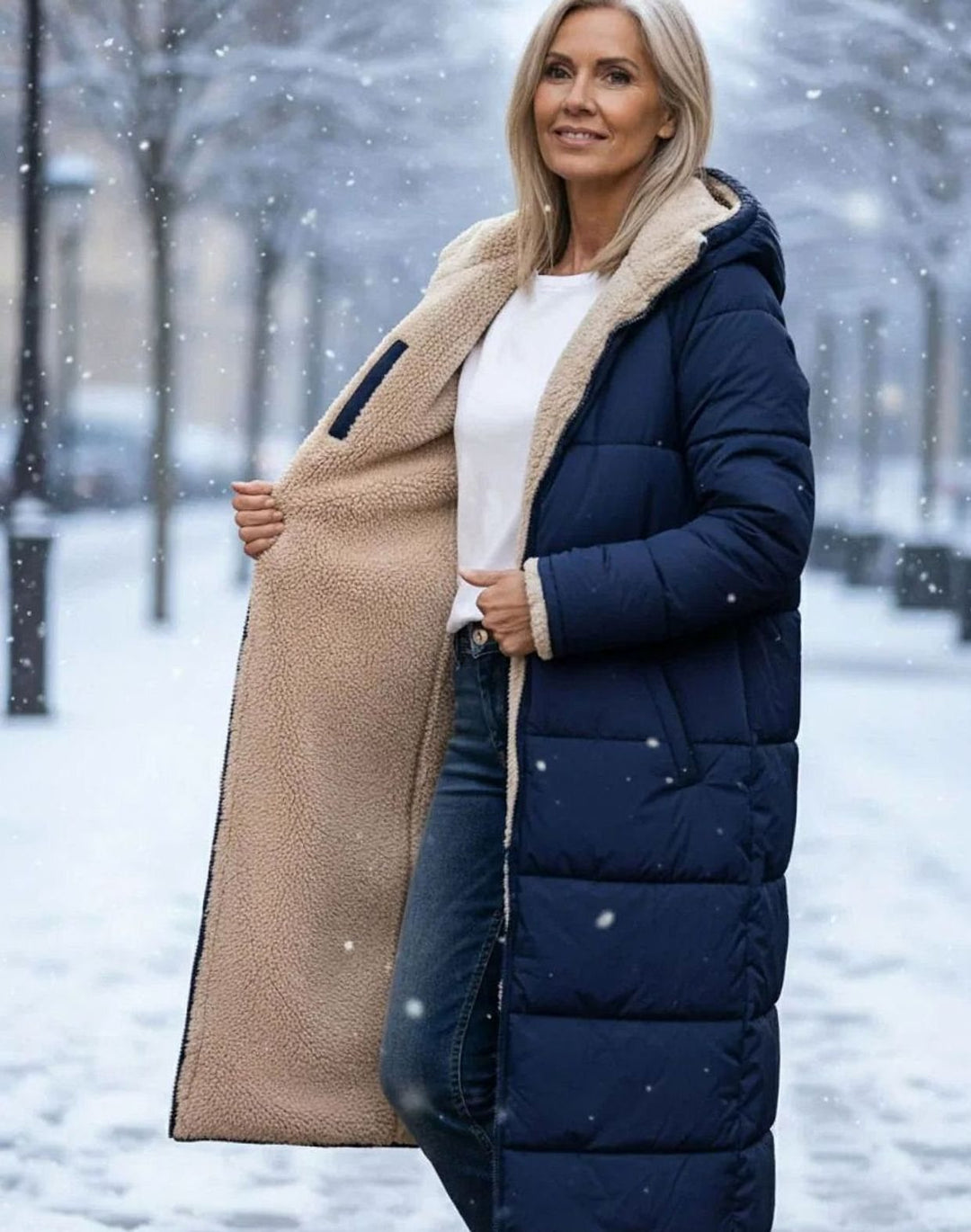 Damen Langer Wendepuffer-Mantel mit Teddyfleece-Innenfutter