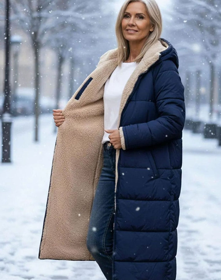 Damen Langer Wendepuffer-Mantel mit Teddyfleece-Innenfutter