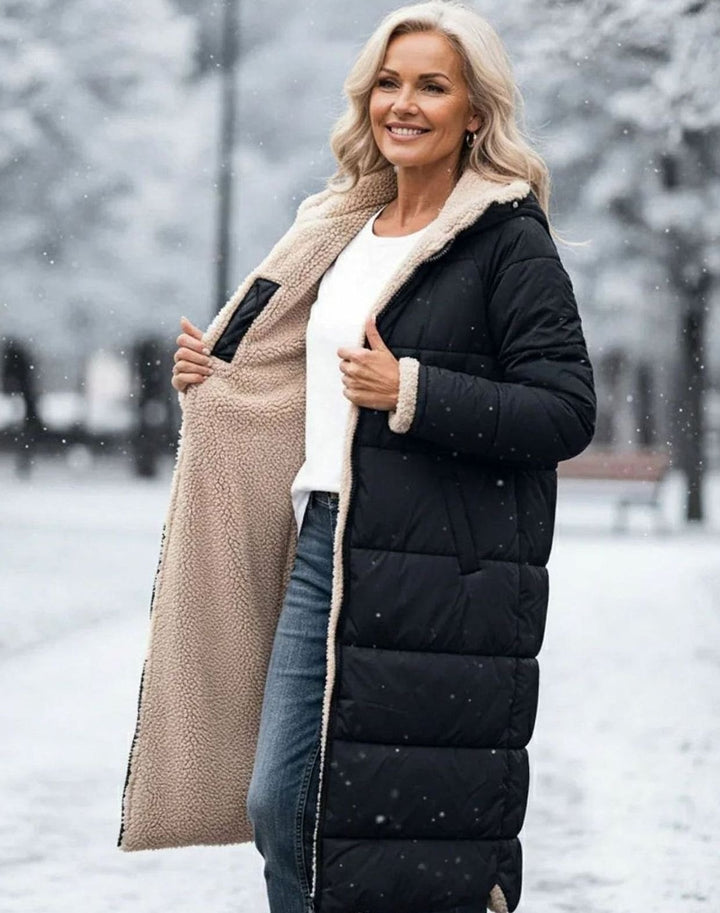Damen Langer Wendepuffer-Mantel mit Teddyfleece-Innenfutter