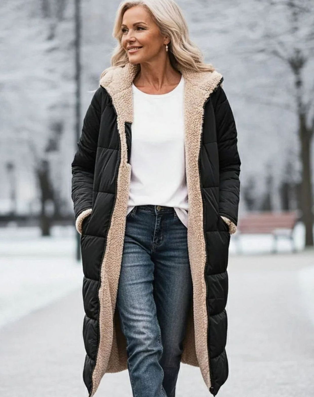Damen Langer Wendepuffer-Mantel mit Teddyfleece-Innenfutter
