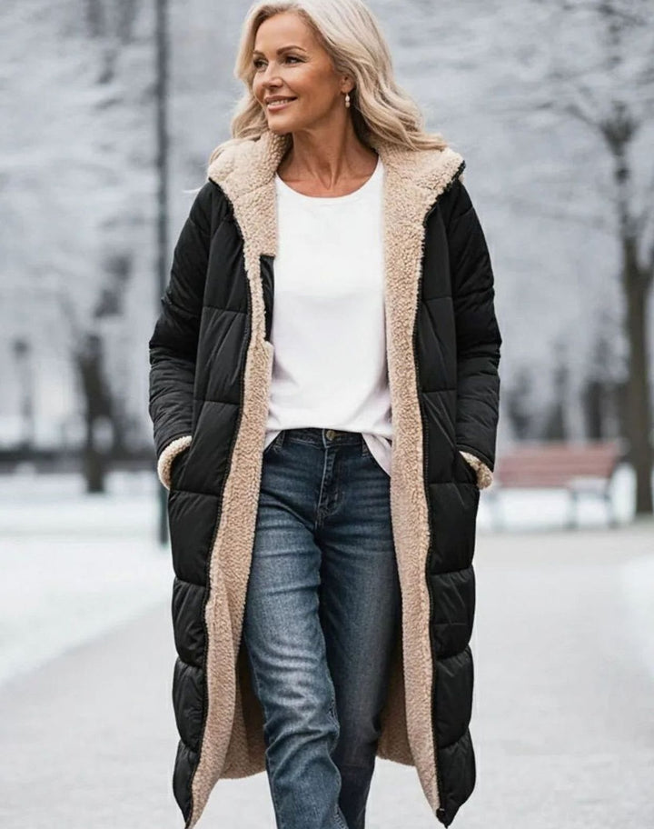 Damen Langer Wendepuffer-Mantel mit Teddyfleece-Innenfutter