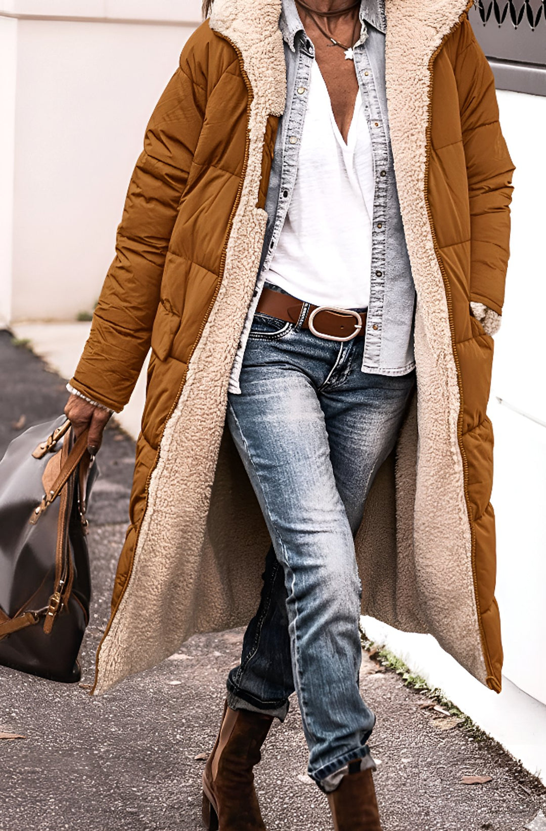 Damen Langer Wendepuffer-Mantel mit Teddyfleece-Innenfutter - Cognac