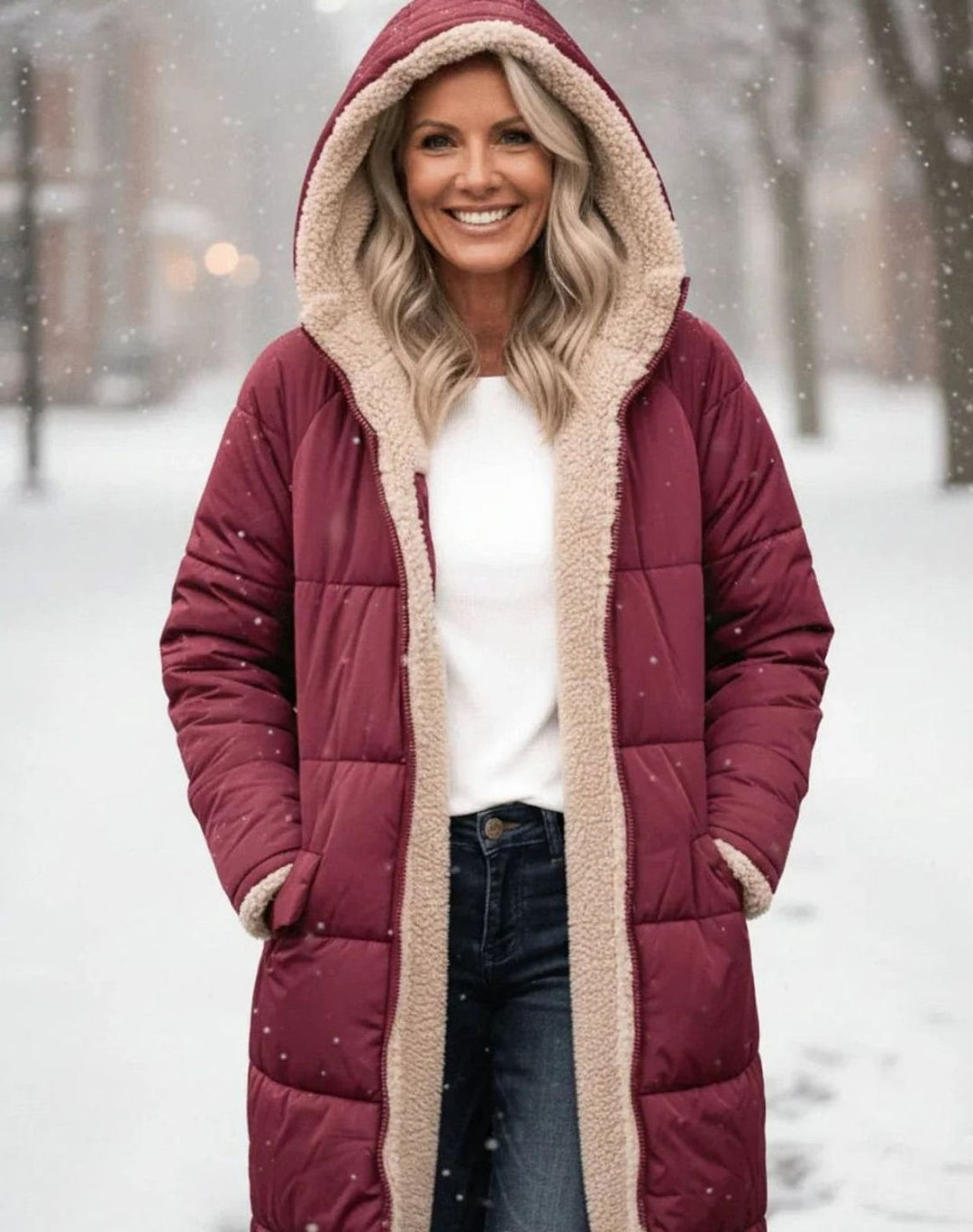 Damen Langer Wendepuffer-Mantel mit Teddyfleece-Innenfutter - Rot