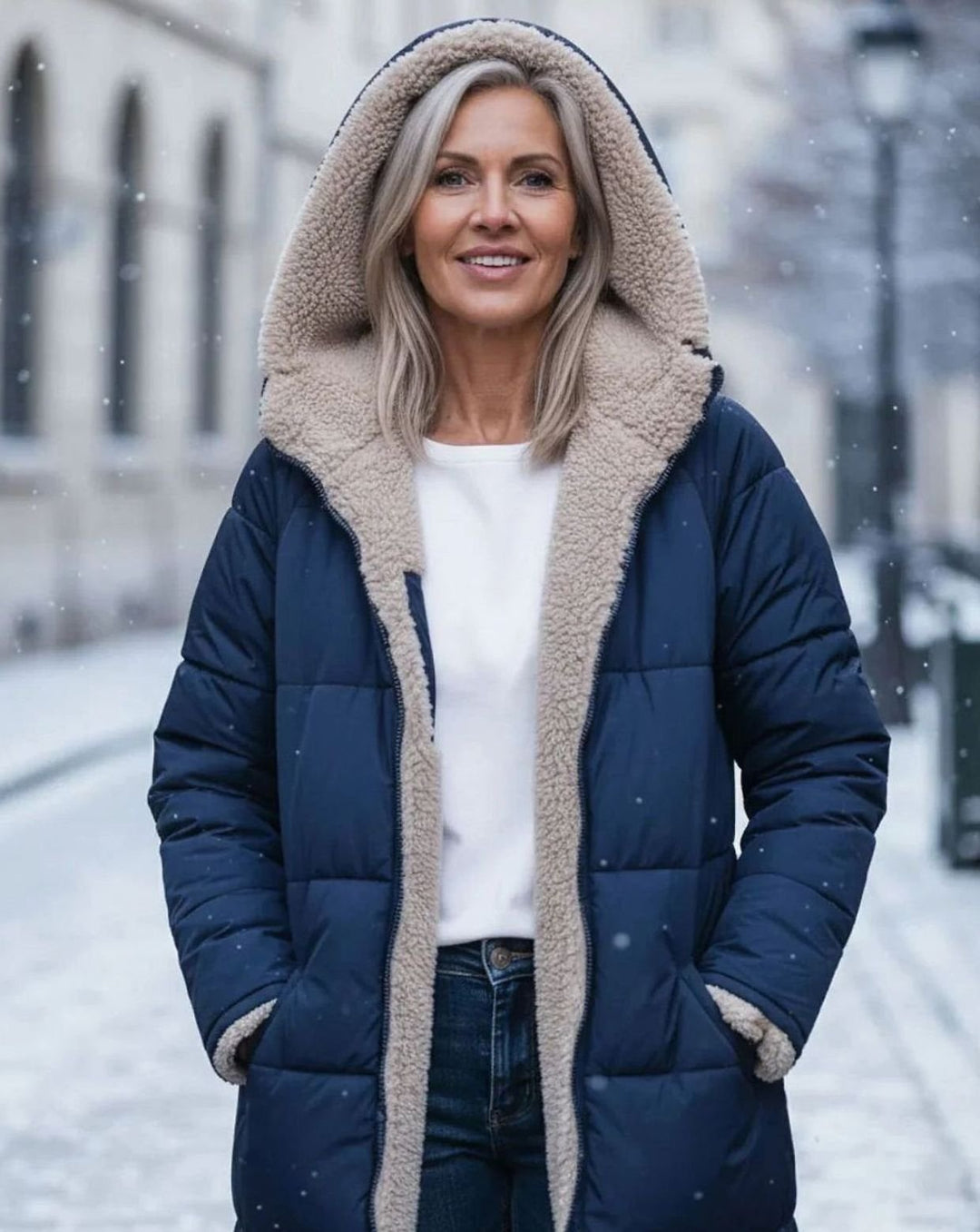 Damen Langer Wendepuffer-Mantel mit Teddyfleece-Innenfutter - Blau