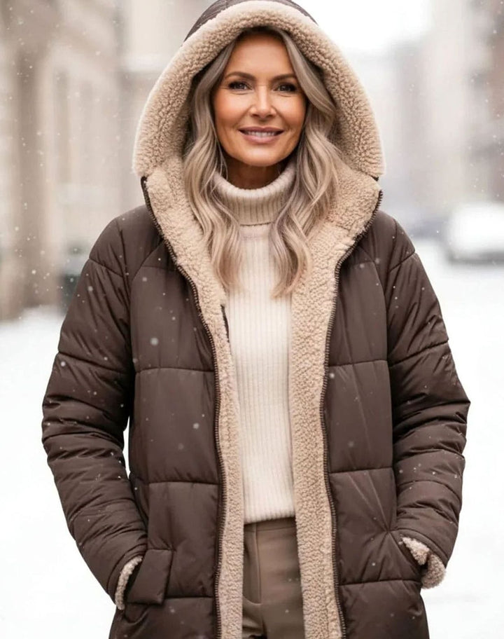 Damen Langer Wendepuffer-Mantel mit Teddyfleece-Innenfutter - Braun