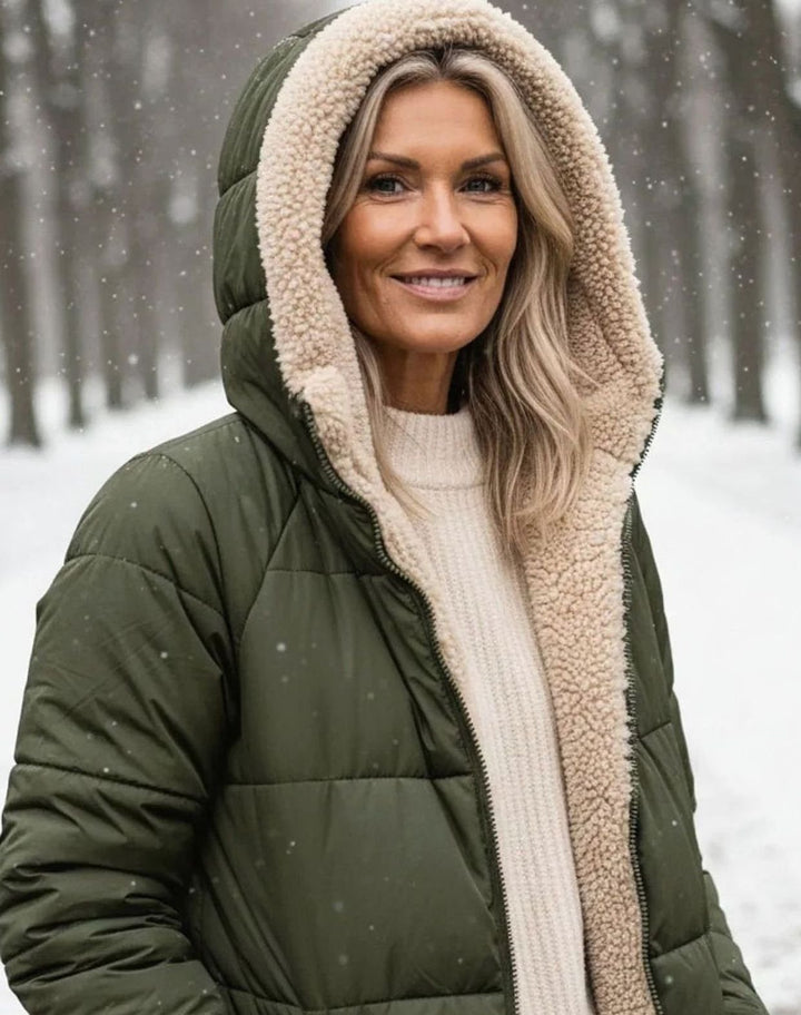 Damen Langer Wendepuffer-Mantel mit Teddyfleece-Innenfutter