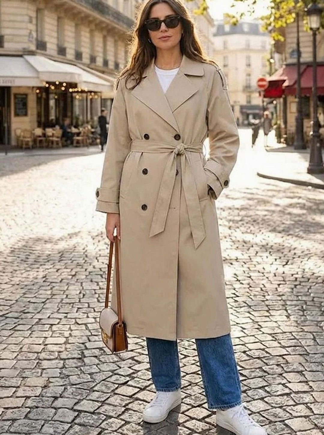 Damen Langer Zweireihiger Trenchcoat mit Bindegürtel