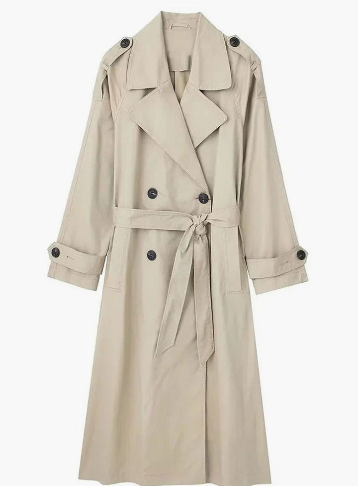Damen Langer Zweireihiger Trenchcoat mit Bindegürtel