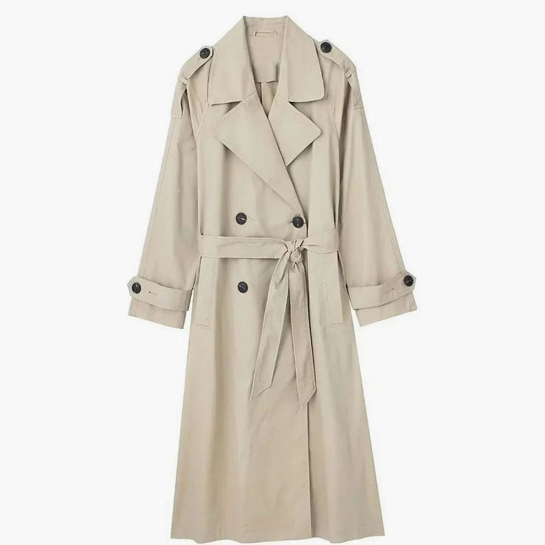 Damen Langer Zweireihiger Trenchcoat mit Bindegürtel - Khaki