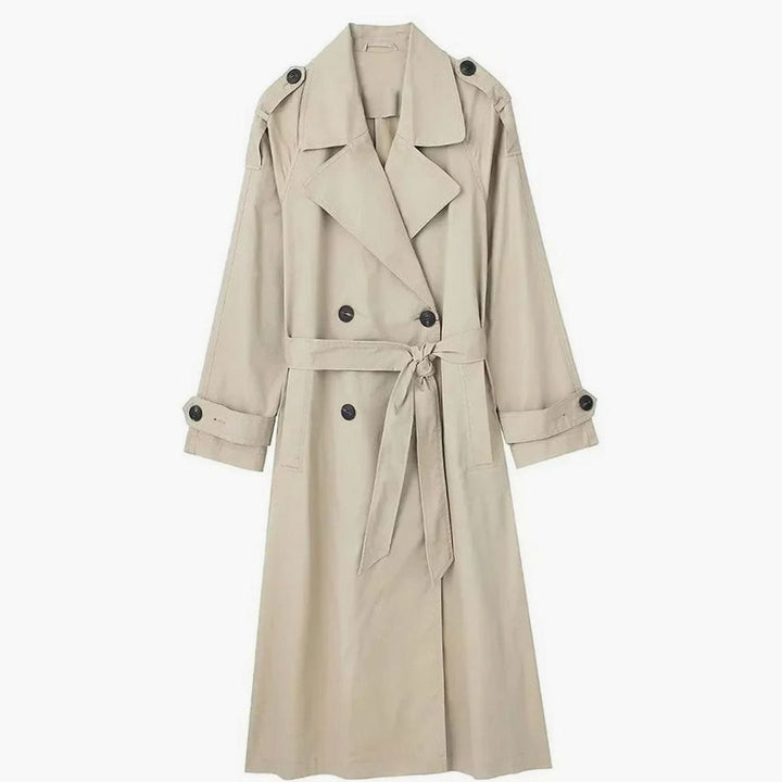 Damen Langer Zweireihiger Trenchcoat mit Bindegürtel - Khaki