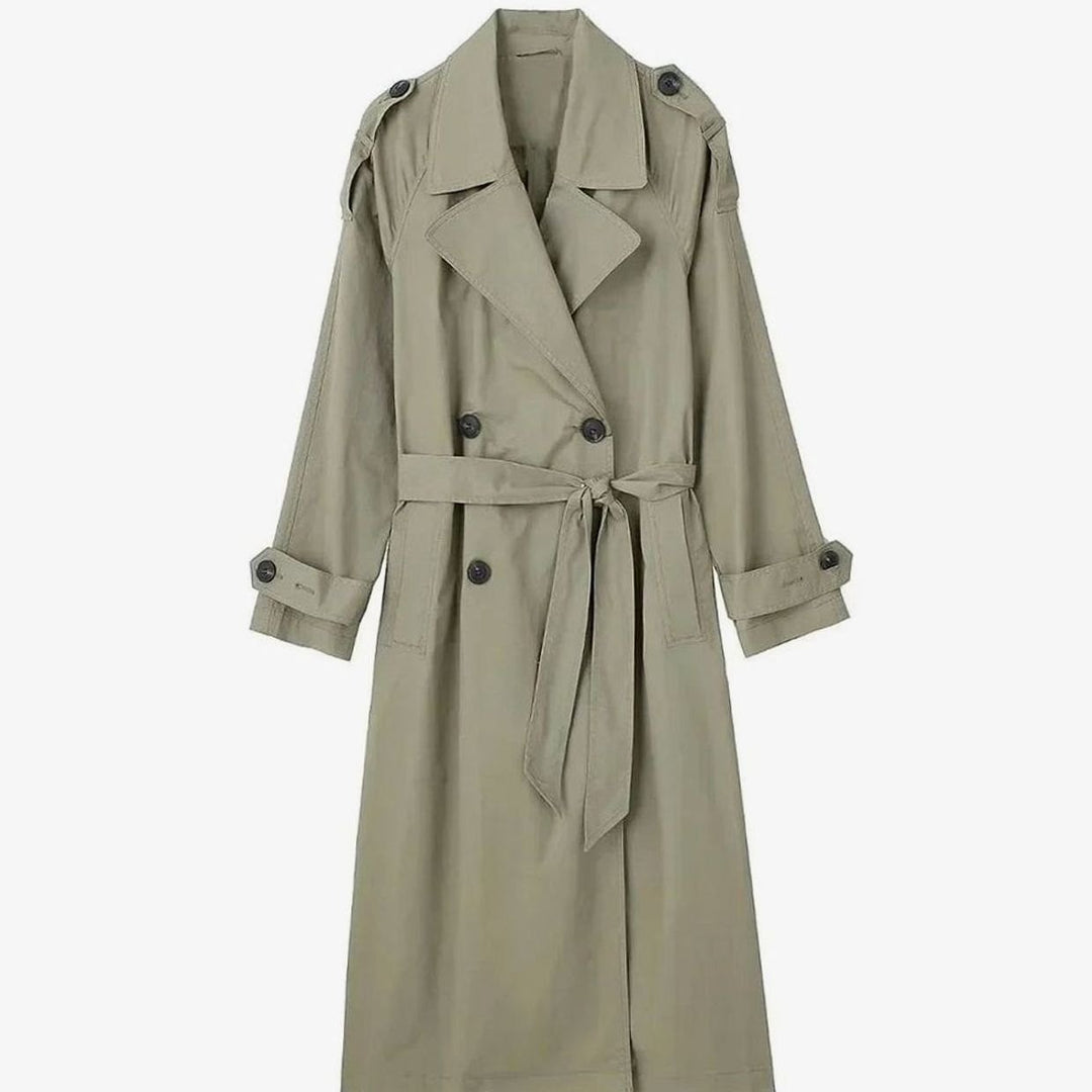 Damen Langer Zweireihiger Trenchcoat mit Bindegürtel - Grün